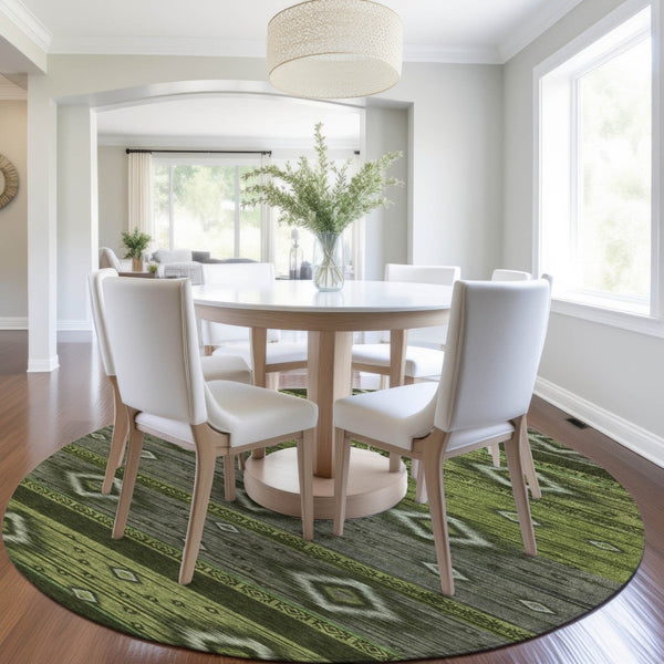 HomeRoots 5' Tribal Area Rug in Artichoke Green, Gray & Fern Green - Durable, Washable for Indoor & Outdoor Use 8' Round 626728