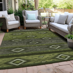HomeRoots 5' Tribal Area Rug in Artichoke Green, Gray & Fern Green - Durable, Washable for Indoor & Outdoor Use 9' X 12' 626730