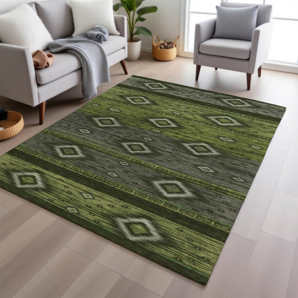 HomeRoots 5' Tribal Area Rug in Artichoke Green, Gray & Fern Green - Durable, Washable for Indoor & Outdoor Use 9' X 12' 626730