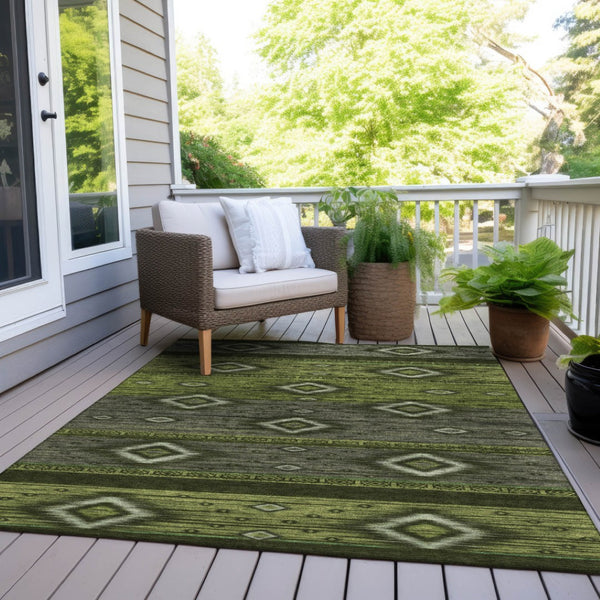 HomeRoots 5' Tribal Area Rug in Artichoke Green, Gray & Fern Green - Durable, Washable for Indoor & Outdoor Use 9' X 12' 626730
