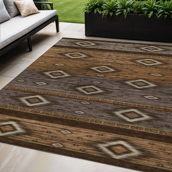 HomeRoots 5' Stylish Chocolate Copper and Gray Tribal Washable Area Rug for Indoor and Outdoor Spaces 5' X 8' 626733