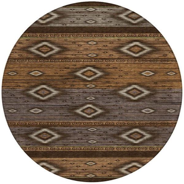 HomeRoots 5' Stylish Chocolate Copper and Gray Tribal Washable Area Rug for Indoor and Outdoor Spaces 8' Round 626734