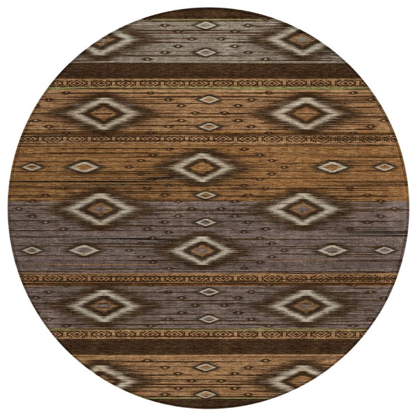 HomeRoots 5' Stylish Chocolate Copper and Gray Tribal Washable Area Rug for Indoor and Outdoor Spaces 8' Round 626734