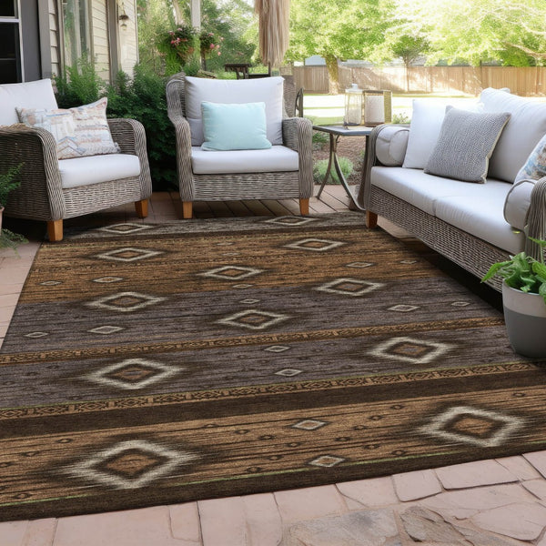 HomeRoots 5' Stylish Chocolate Copper and Gray Tribal Washable Area Rug for Indoor and Outdoor Spaces 9' X 12' 626736