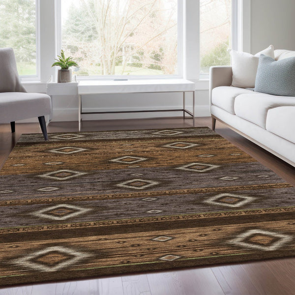HomeRoots 5' Stylish Chocolate Copper and Gray Tribal Washable Area Rug for Indoor and Outdoor Spaces 9' X 12' 626736