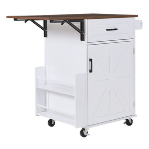 English Elm K&k Farmhouse Rolling Kitchen Cart with Drop Leaf Drawer Open Rack Lockable Wheels White N707P404539W