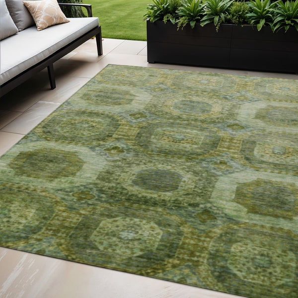 HomeRoots 5' Artichoke Green and Beige Medallion Area Rug - Durable, Washable Design for Indoor & Outdoor Use 5' X 8' 626751