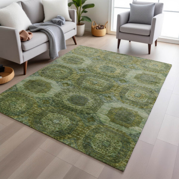 HomeRoots 5' Artichoke Green and Beige Medallion Area Rug - Durable, Washable Design for Indoor & Outdoor Use 5' X 8' 626751