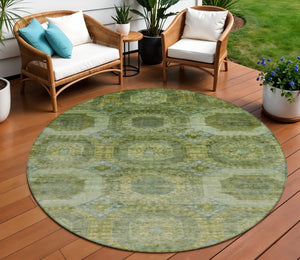 HomeRoots 5' Artichoke Green and Beige Medallion Area Rug - Durable, Washable Design for Indoor & Outdoor Use 8' Round 626752