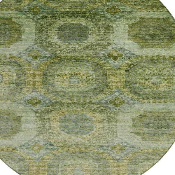 HomeRoots 5' Artichoke Green and Beige Medallion Area Rug - Durable, Washable Design for Indoor & Outdoor Use 8' Round 626752