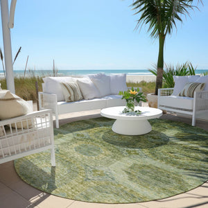 HomeRoots 5' Artichoke Green and Beige Medallion Area Rug - Durable, Washable Design for Indoor & Outdoor Use 8' Round 626752