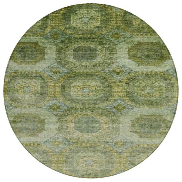 HomeRoots 5' Artichoke Green and Beige Medallion Area Rug - Durable, Washable Design for Indoor & Outdoor Use 8' Round 626752