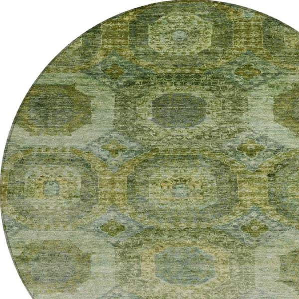 HomeRoots 5' Artichoke Green and Beige Medallion Area Rug - Durable, Washable Design for Indoor & Outdoor Use 8' Round 626752
