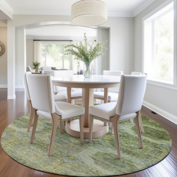 HomeRoots 5' Artichoke Green and Beige Medallion Area Rug - Durable, Washable Design for Indoor & Outdoor Use 8' Round 626752
