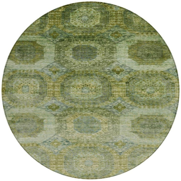 HomeRoots 5' Artichoke Green and Beige Medallion Area Rug - Durable, Washable Design for Indoor & Outdoor Use 8' Round 626752