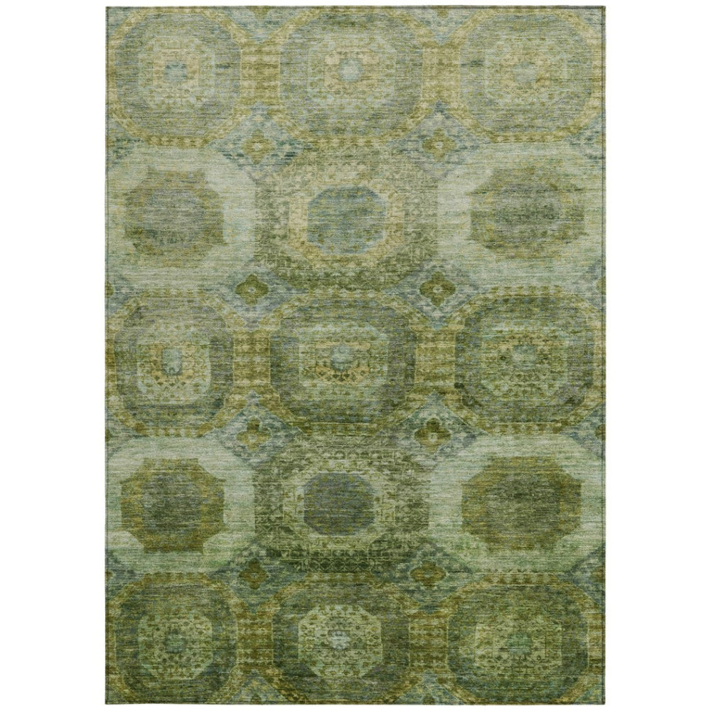 HomeRoots 5' Artichoke Green and Beige Medallion Area Rug - Durable, Washable Design for Indoor & Outdoor Use 8' X 10' 626753