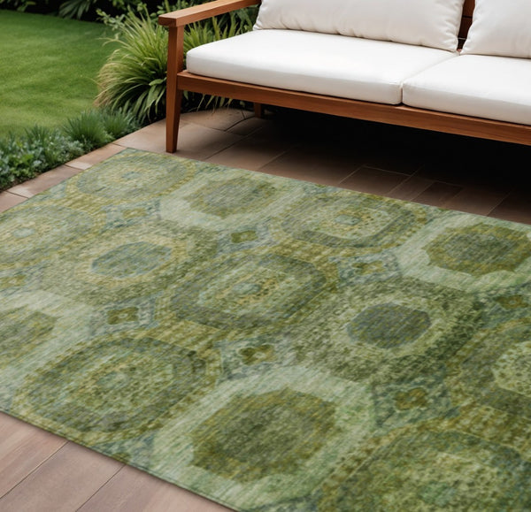 HomeRoots 5' Artichoke Green and Beige Medallion Area Rug - Durable, Washable Design for Indoor & Outdoor Use 9' X 12' 626754