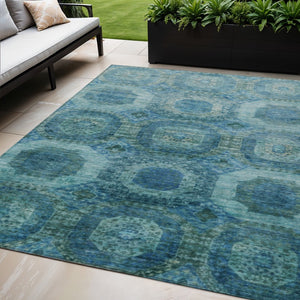 HomeRoots 5' Blue and Ivory Medallion Area Rug - Stylish, Washable, Durable for Indoor and Outdoor Spaces 5' X 8' 626757