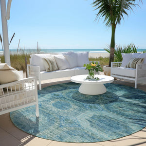 HomeRoots 5' Blue and Ivory Medallion Area Rug - Stylish, Washable, Durable for Indoor and Outdoor Spaces 8' Round 626758