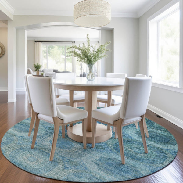 HomeRoots 5' Blue and Ivory Medallion Area Rug - Stylish, Washable, Durable for Indoor and Outdoor Spaces 8' Round 626758