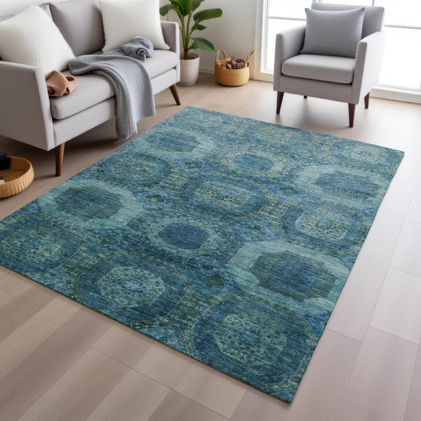 HomeRoots 5' Blue and Ivory Medallion Area Rug - Stylish, Washable, Durable for Indoor and Outdoor Spaces 9' X 12' 626760