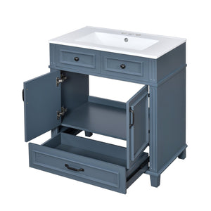 English Elm 30'' Bathroom Vanity with Sink - Retro Solid Wood Frame, Ceramic Basin, Soft-Close Doors & Ample Storage Blue N710P190656C