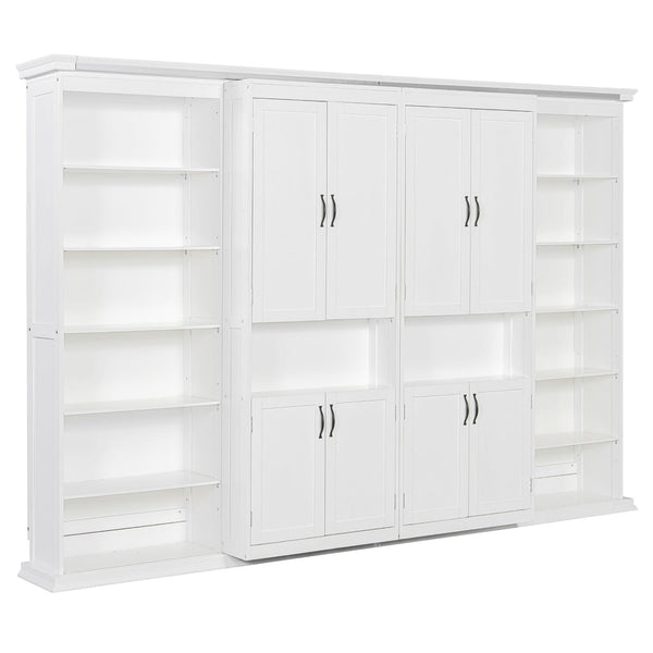 English Elm Full-size Murphy Wall Bed with Sliding Cabinets and Twelve Open Shelves for Studios White LP000919AAK