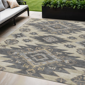 HomeRoots 5' Stylish Beige and Gray Tribal Washable Area Rug for Indoor and Outdoor Spaces, Durable Design 5' X 8' 626805