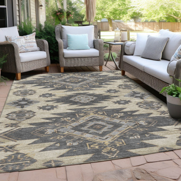 HomeRoots 5' Stylish Beige and Gray Tribal Washable Area Rug for Indoor and Outdoor Spaces, Durable Design 5' X 8' 626805