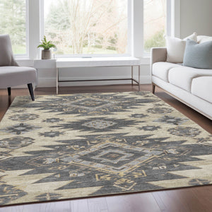 HomeRoots 5' Stylish Beige and Gray Tribal Washable Area Rug for Indoor and Outdoor Spaces, Durable Design 5' X 8' 626805