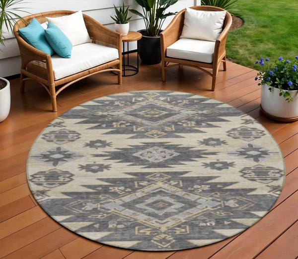 HomeRoots 5' Stylish Beige and Gray Tribal Washable Area Rug for Indoor and Outdoor Spaces, Durable Design 8' Round 626806