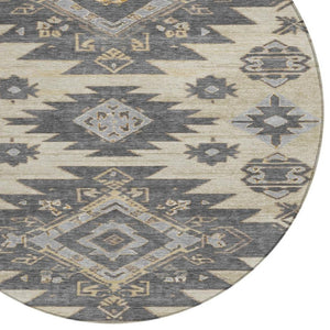 HomeRoots 5' Stylish Beige and Gray Tribal Washable Area Rug for Indoor and Outdoor Spaces, Durable Design 8' Round 626806