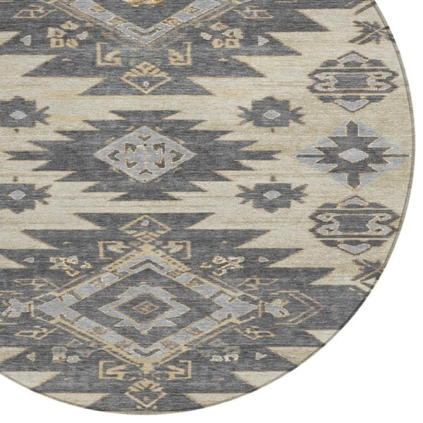 HomeRoots 5' Stylish Beige and Gray Tribal Washable Area Rug for Indoor and Outdoor Spaces, Durable Design 8' Round 626806