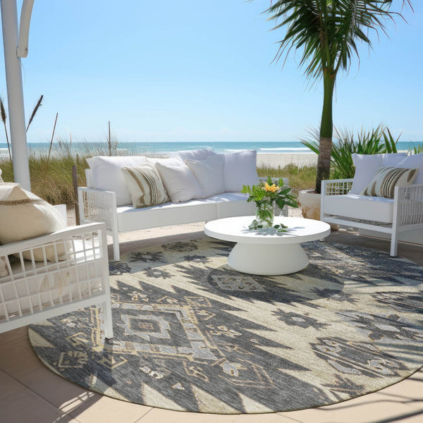 HomeRoots 5' Stylish Beige and Gray Tribal Washable Area Rug for Indoor and Outdoor Spaces, Durable Design 8' Round 626806
