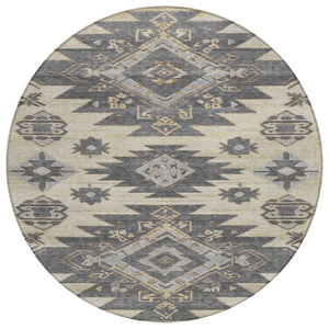 HomeRoots 5' Stylish Beige and Gray Tribal Washable Area Rug for Indoor and Outdoor Spaces, Durable Design 8' Round 626806