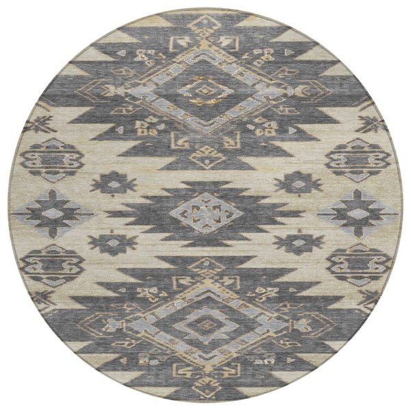 HomeRoots 5' Stylish Beige and Gray Tribal Washable Area Rug for Indoor and Outdoor Spaces, Durable Design 8' Round 626806