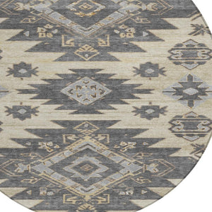 HomeRoots 5' Stylish Beige and Gray Tribal Washable Area Rug for Indoor and Outdoor Spaces, Durable Design 8' Round 626806