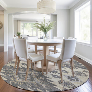 HomeRoots 5' Stylish Beige and Gray Tribal Washable Area Rug for Indoor and Outdoor Spaces, Durable Design 8' Round 626806