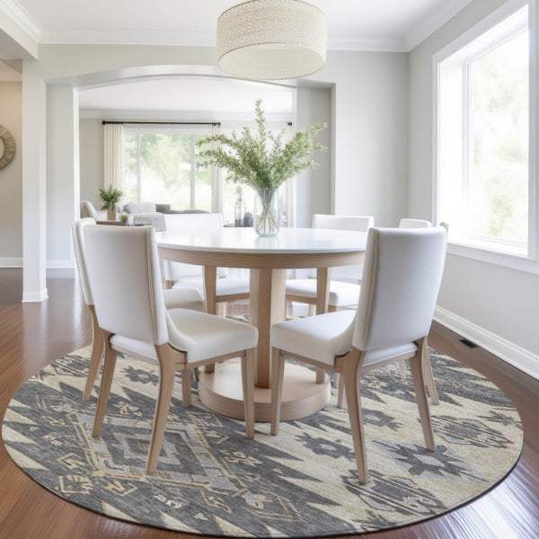 HomeRoots 5' Stylish Beige and Gray Tribal Washable Area Rug for Indoor and Outdoor Spaces, Durable Design 8' Round 626806