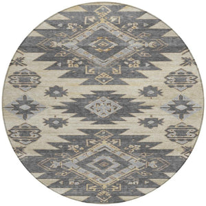 HomeRoots 5' Stylish Beige and Gray Tribal Washable Area Rug for Indoor and Outdoor Spaces, Durable Design 8' Round 626806