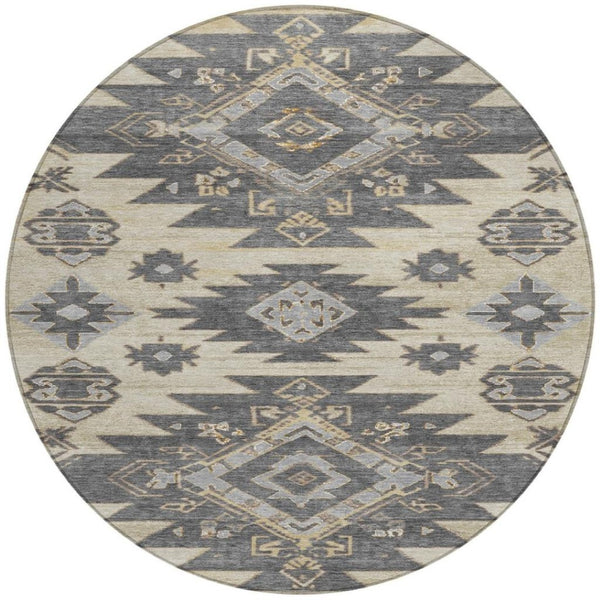 HomeRoots 5' Stylish Beige and Gray Tribal Washable Area Rug for Indoor and Outdoor Spaces, Durable Design 8' Round 626806