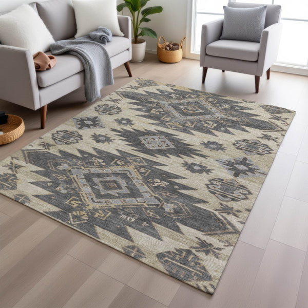 HomeRoots 5' Stylish Beige and Gray Tribal Washable Area Rug for Indoor and Outdoor Spaces, Durable Design 8' X 10' 626807