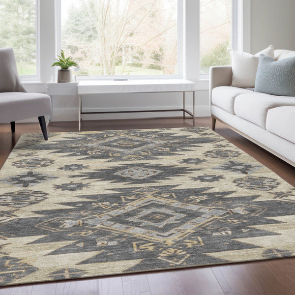 HomeRoots 5' Stylish Beige and Gray Tribal Washable Area Rug for Indoor and Outdoor Spaces, Durable Design 10' X 14' 626809