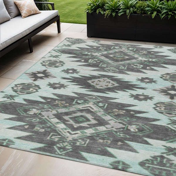 HomeRoots 5' Mint Green and Charcoal Tribal Area Rug – Stylish, Washable, Durable for Indoor & Outdoor Spaces 5' X 8' 626823