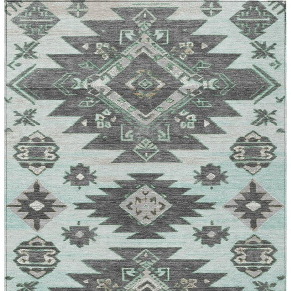 HomeRoots 5' Mint Green and Charcoal Tribal Area Rug – Stylish, Washable, Durable for Indoor & Outdoor Spaces 5' X 8' 626823