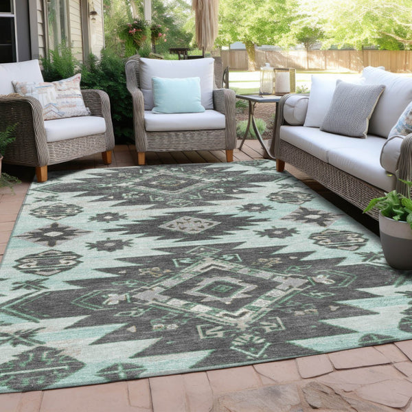 HomeRoots 5' Mint Green and Charcoal Tribal Area Rug – Stylish, Washable, Durable for Indoor & Outdoor Spaces 5' X 8' 626823