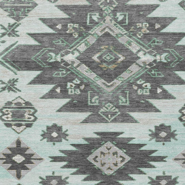 HomeRoots 5' Mint Green and Charcoal Tribal Area Rug – Stylish, Washable, Durable for Indoor & Outdoor Spaces 5' X 8' 626823