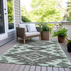 HomeRoots 5' Mint Green and Charcoal Tribal Area Rug – Stylish, Washable, Durable for Indoor & Outdoor Spaces 5' X 8' 626823
