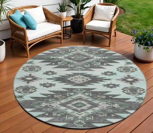 HomeRoots 5' Mint Green and Charcoal Tribal Area Rug – Stylish, Washable, Durable for Indoor & Outdoor Spaces 8' Round 626824