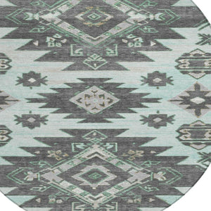 HomeRoots 5' Mint Green and Charcoal Tribal Area Rug – Stylish, Washable, Durable for Indoor & Outdoor Spaces 8' Round 626824